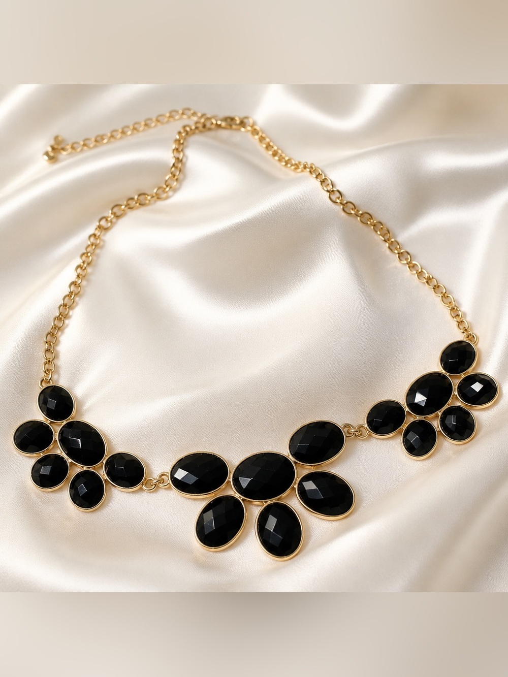 Charming Charlie Black Faceted Gem Cluster Necklace - Gold Tone